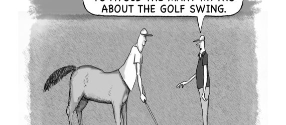 Centaur Golf Lesson shows a centaur and a PGA certified instructor giving a golf lesson, an original golf cartoon by Marty Glass of GolfToons.
