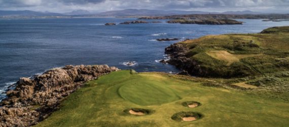 Picture of The Greatest Par 3 in the World, hole number 6 at Cruit Island Golf Club included in the article Where Golf Gods Relax by Michael Duranko of GolfToons.