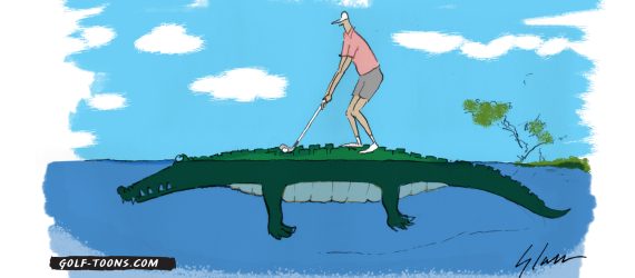 Man hitting ball from alligator's back. An original golf illustration by Marty Glass of GolfToons.