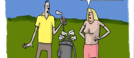 Ironic is when golfers named Woody do not hit their woods because they tend to hit them into the woods. Ironic golf cartoons.