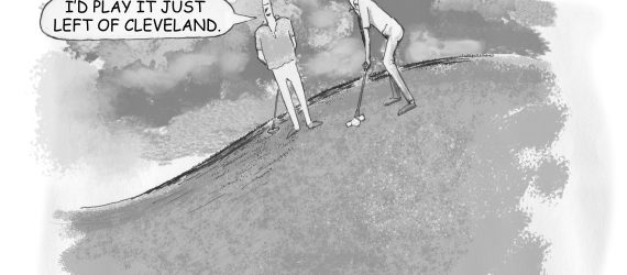Two golfers on a putting green that has massive breaks making the putt impossible. Hit it and Hope is an original Golf Illustration by Marty Glass of GolfToons