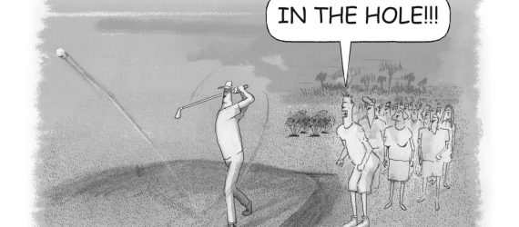 Fan in the gallery beside the tee box yelling IN THE HOLE as the professional golfer tees off, an original golf cartoon illustration by Marty Glass of GolfToons.