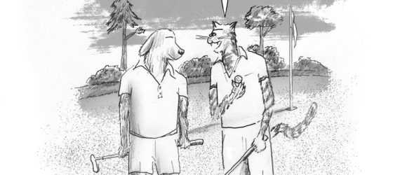 Purr - GolfToons 80 shows a dog and a cat dressed for golf looking over a scorecard, an original golf cartoon by Marty Glass of GolfToons.
