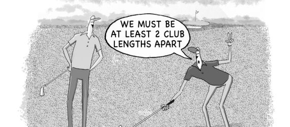 Social Distancing on the golf course, or two club lengths is an original golf cartoon by Marty Glass of GolfToons