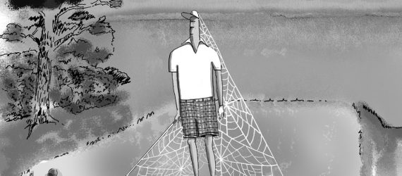 Wait Loss is a golfer on the tee box has cob webs growing on him because he is waiting, slow play is a problem in golf. An original illustration by Marty Glass of GolfToons