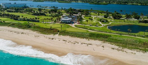 Aerial view of Palm Beach Par 3 Golf Course seen from the Atlantic Ocean and included in article by Michael Duranko of GolfToons titled 'Small but Mighty' originally published in The Golf Supplier.