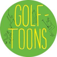 Round, green GolfToons logo with yellow lettering and image outlines